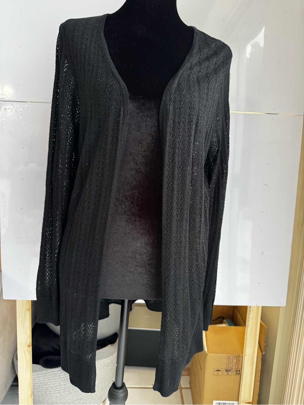 NWT Chicos Black Metallic Henrietta LS Cardigan Open Front Shimmer Size 2